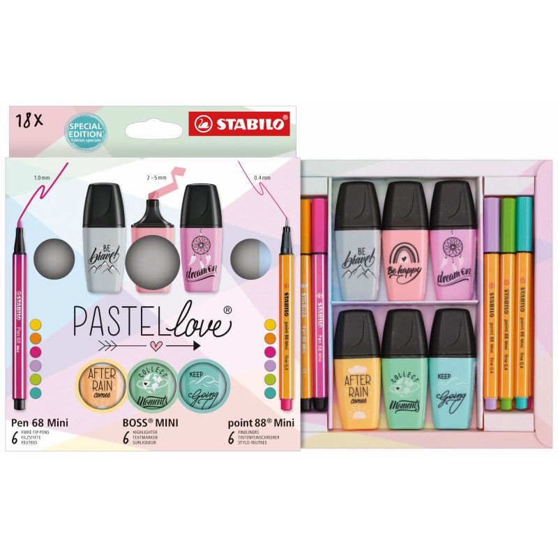 STABILO Set Creativo Pastellove Mini World 18 Pezzi Fineliner Pennarelli Evidenziatori Colori Pastello 77/5-8-5