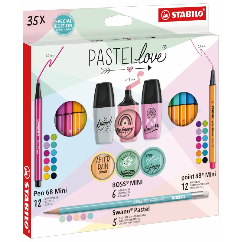 STABILO Pastellove Set Creativo Mini World 35 Pezzi Fineliner Pennarelli Evidenziatori Matite Colori Pastello 77/5-9-5
