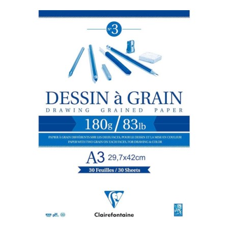1 - BLOCCO DISEGNO A GRANA A3 180gr. 30fg COLLATO   CLAIREFONTAINE 96622C