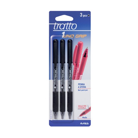 1 - 3 pz Penna Biro Tratto Uno Grip Fila colore nero 043203