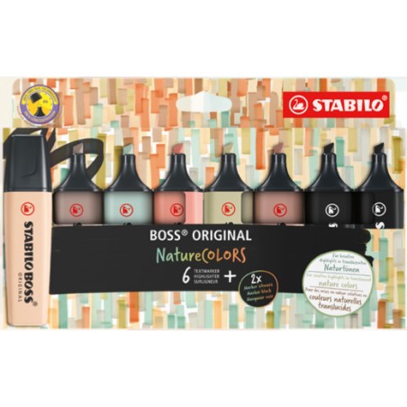 1 - 6+2neri pz Evidenziatore Stabilo Boss Original Nature Colors assortiti 70/8-2-1