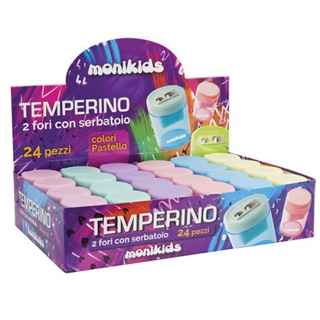 1 - MONIKIDS Temperamatite a 2 Fori con Serbatoio e Coperchio 24 Pezzi 12/049