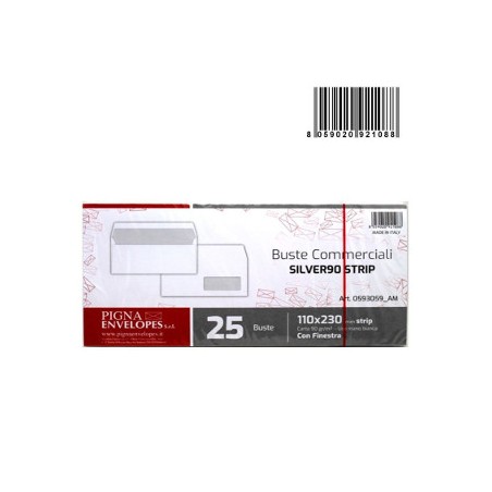 1 - PIGNA Buste SILVER90 STRIP BIANCA internografata 11x23 con Finestra 25pz 593059AM