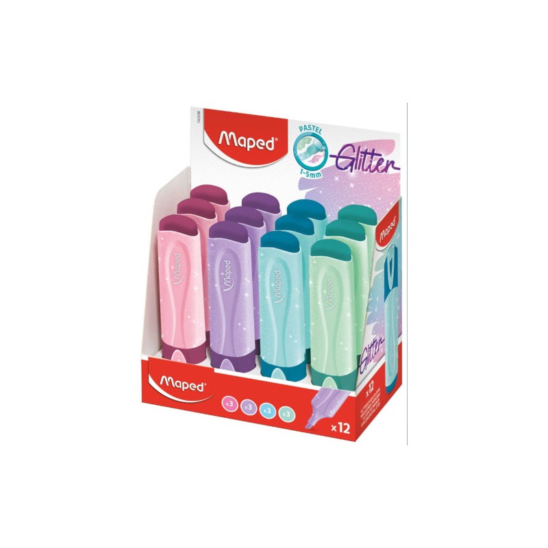 MAPED Fluo Peps Glitter Pastel set 12 evidenziatori inchiostro glitter colori assortiti 742038
