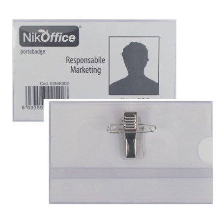 1 - NIKOFFICE Conf.50 pz Porta Badge Trasparente con Clip+Spilla 9x5,5cm  03/002