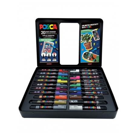 Valigetta in Metallo Uni Posca 20P Pop Colours - Set di 20 Pennarelli Assortiti