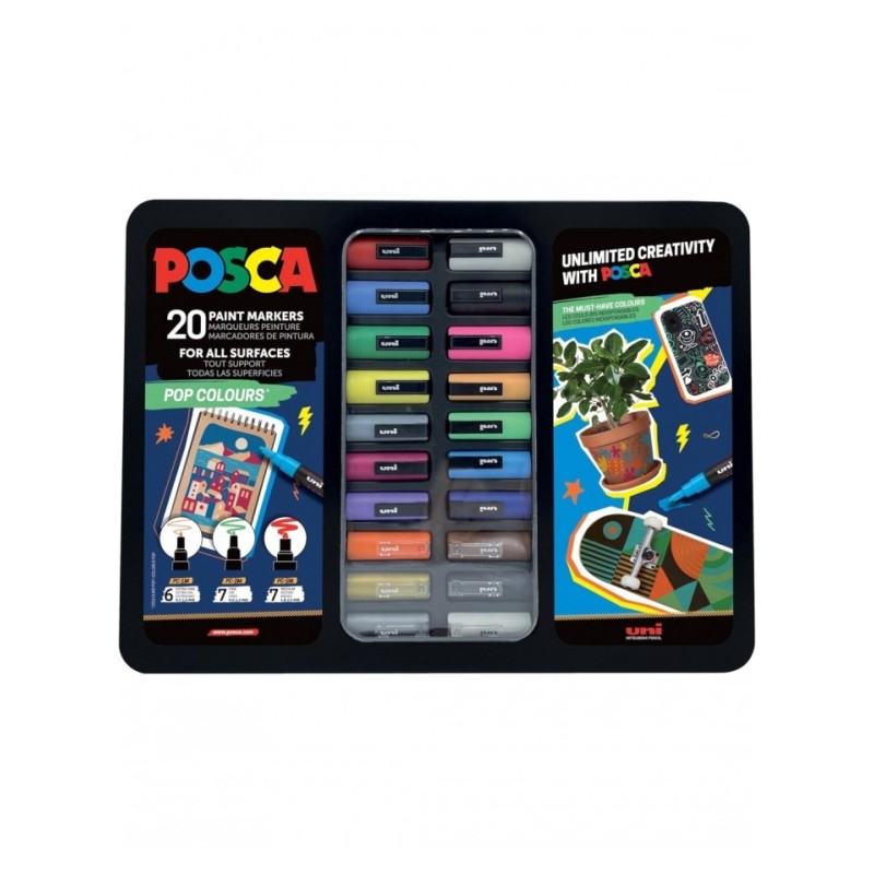 Valigetta in Metallo Uni Posca 20P Pop Colours - Set di 20 Pennarelli Assortiti