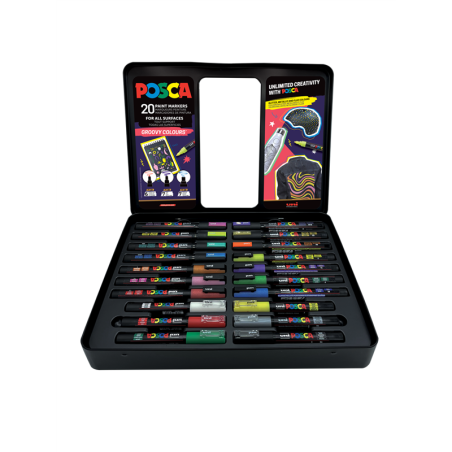 Valigetta in Metallo Uni Posca Groovy Colours" - Set di 20 Pennarelli Assortiti"