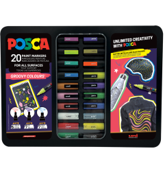 Valigetta in Metallo Uni Posca Groovy Colours" - Set di 20 Pennarelli Assortiti"