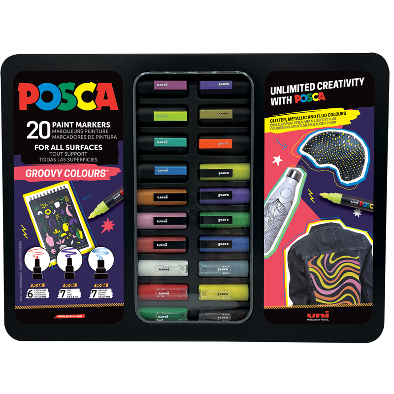 Valigetta in Metallo Uni Posca Groovy Colours" - Set di 20 Pennarelli Assortiti"