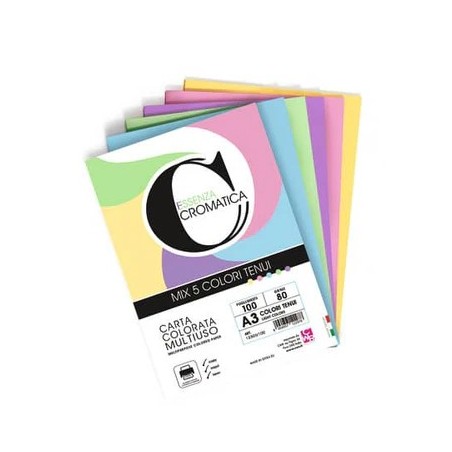 Carta Colorata Cromatica CWR 160g/m² A3 100 Fogli in 5 Colori Tenui Assortiti 12305/100
