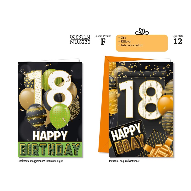 Cromo Biglietti Auguri 18 anni colori assortiti 12pz NU8220