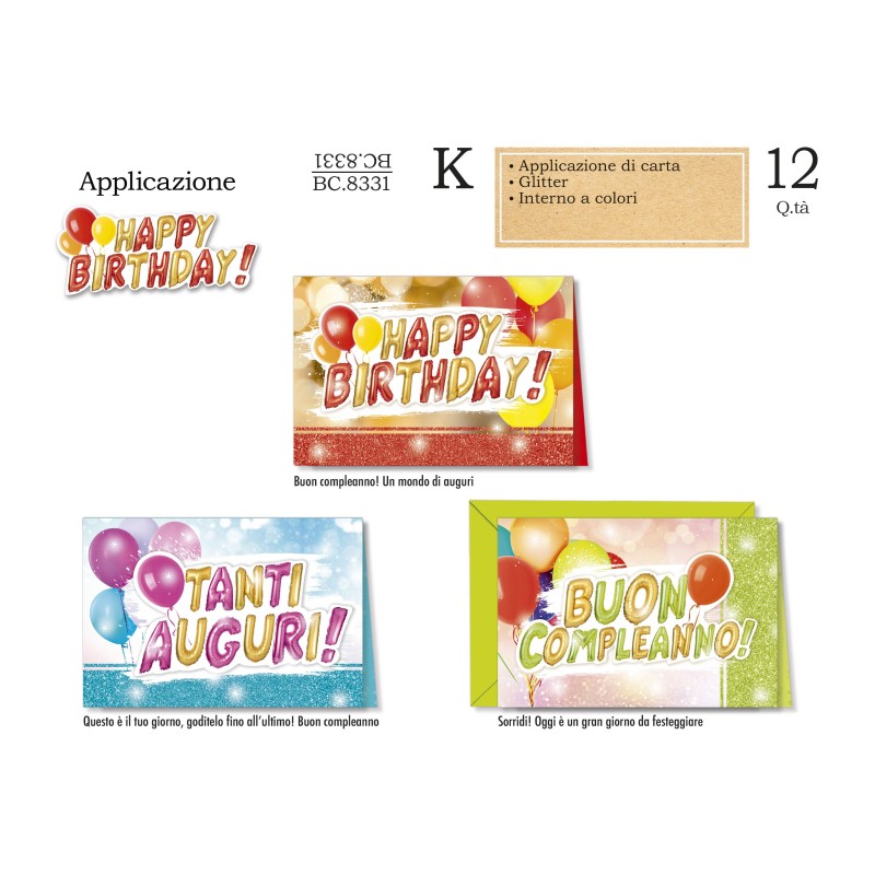 Cromo Biglietti Auguri Buon compleanno glitter 3 fantasie 12pz BC8331
