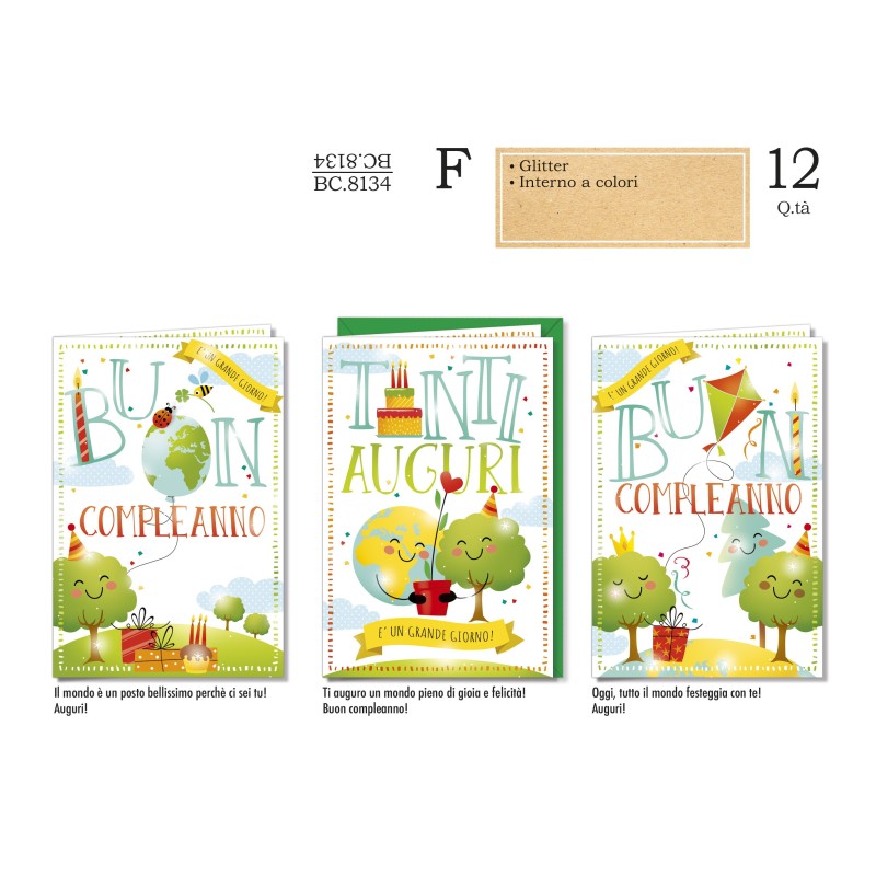 Cromo Biglietto Buon compleanno alberelli assortiti 12pz BC8134