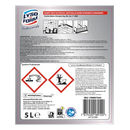 DETERGENTE DISINFETTANTE LYSOFORM 5lt PROFESSIONAL 100887664 / 9301017. Disinfettante Battericida Lieviticida ad azione Detergen
