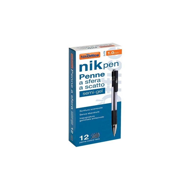 NikPen Penna Biro a Scatto Semigel punta 1.0 mm Nera 12 Pz 20/224