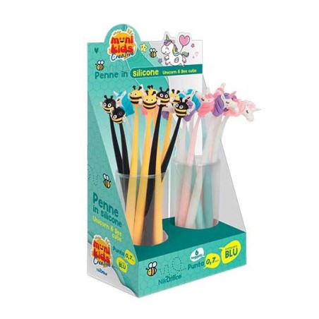 Kawaii Penne in Silicone Mini Kids Unicorn & Bee Punta 0.7 mm Inchiostro Blu 24 pz 20/239