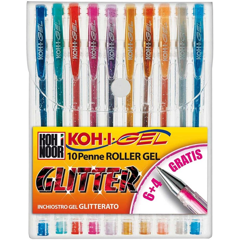 Koh-I-Noor Set di 10 Penne Biro Gel Glitter Punta 0.7 mm Colori Assortiti NAGP10S