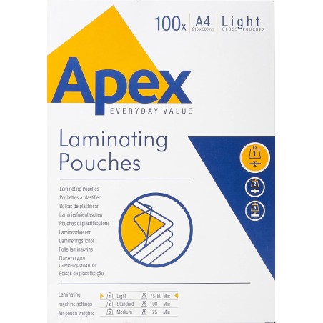 FELLOWES 100 pezzi Pouches per plastificare formato A4 80my Apex 6003201