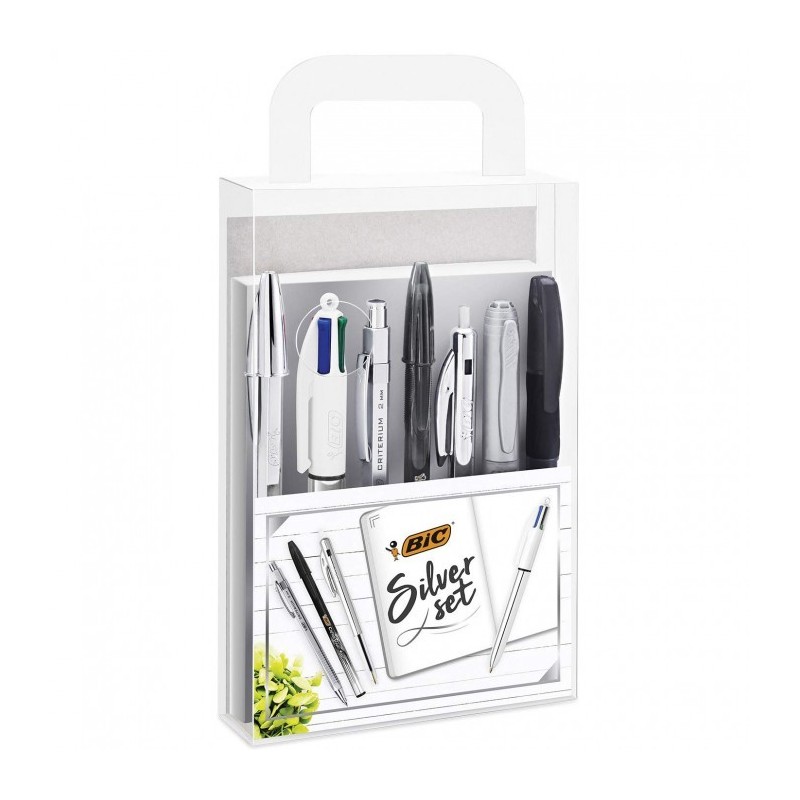 BIC Set Scrittura Silver con Blocco Appunti Penne Gel Roller Marcatore Portamine 8 Pezzi  9576121
