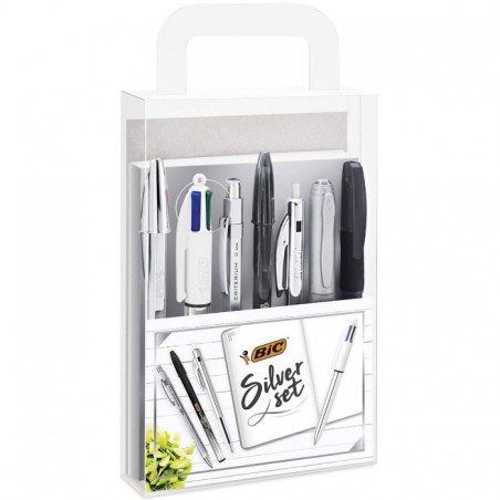 BIC Set Scrittura Silver con Blocco Appunti Penne Gel Roller Marcatore Portamine 8 Pezzi  9576121