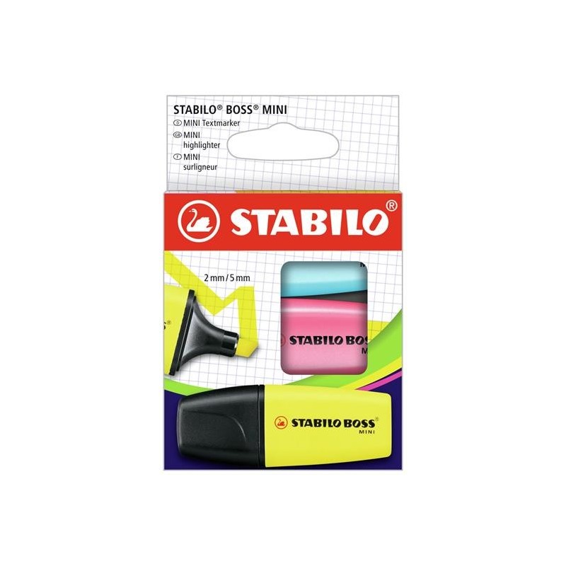 Stabilo BOSS MINI Evidenziatori Set 3 pezzi Colori Giallo Rosa Blu Punta Scalpello 2–5 mm Inchiostro Fluorescente