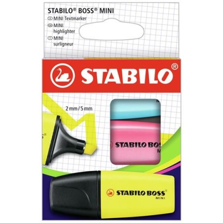 Stabilo BOSS MINI Evidenziatori Set 3 pezzi Colori Giallo Rosa Blu Punta Scalpello 2–5 mm Inchiostro Fluorescente