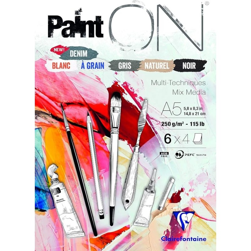 Clairefontaine Paint’On Blocco Mix Media A5 14.8×21 cm 250 g/m² 24 Fogli Colori Assortiti 975409C