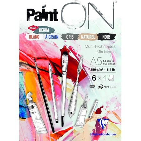 Clairefontaine Paint’On Blocco Mix Media A5 14.8×21 cm 250 g/m² 24 Fogli Colori Assortiti 975409C