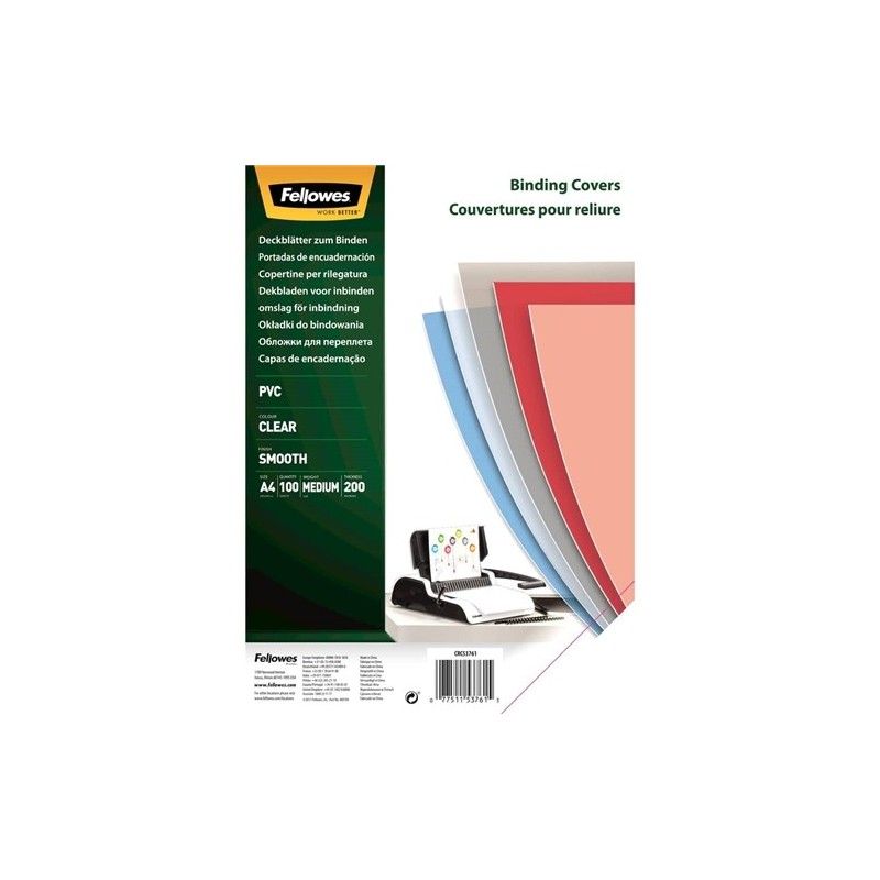 Fellowes 5376102 Copertine Trasparenti A4 PVC 200 Micron Confezione 100 Pezzi