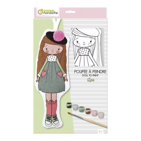 Avenue Mandarine Bambolina da Colorare Lisa Cotone 29 cm con 6 vernici pennello PP040C