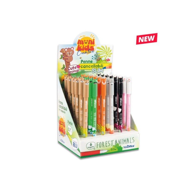 MONIKIDS Creative Animal Forest espositore 36 penne cancellabili punta 0.7 mm blu cappuccio decorato 20/253