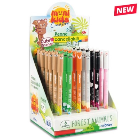 MONIKIDS Creative Animal Forest espositore 36 penne cancellabili punta 0.7 mm blu cappuccio decorato 20/253