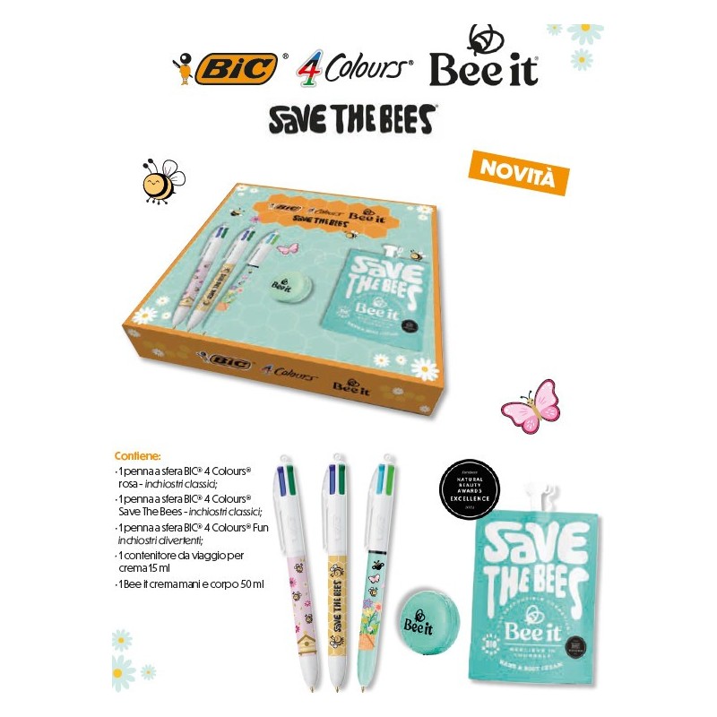 BIC BEE-IT SAVE THE BEES 303440 - 3 penna a sfera BIC 4 Colours, 1 cont.da viaggio crema 15ml, 1 BeeIt crema mani/corpo 50 ml