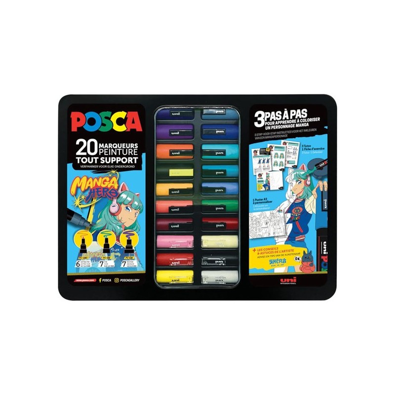 Valigetta in Metallo Uni Posca Manga Hero" Set di 20 Pennarelli Assortiti"